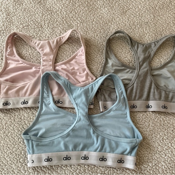 Set of 3 - ALO Yoga Ribbed Icon Racerback Sports Bras  - Blue, Pink, Gray - Picture 2 of 10